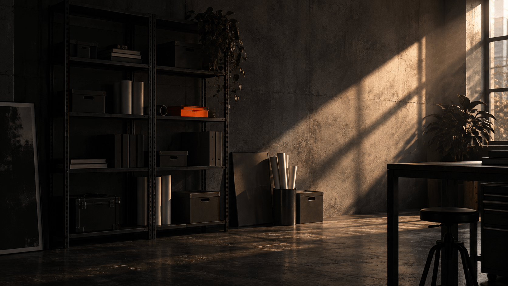 Corner of the studio with a shaft of light