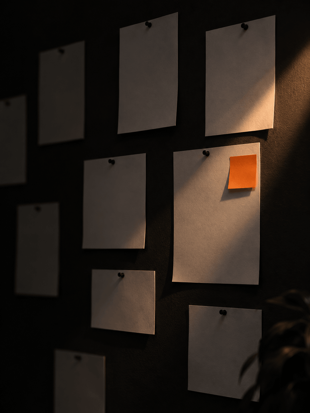Blank sheets pinned to a studio wall