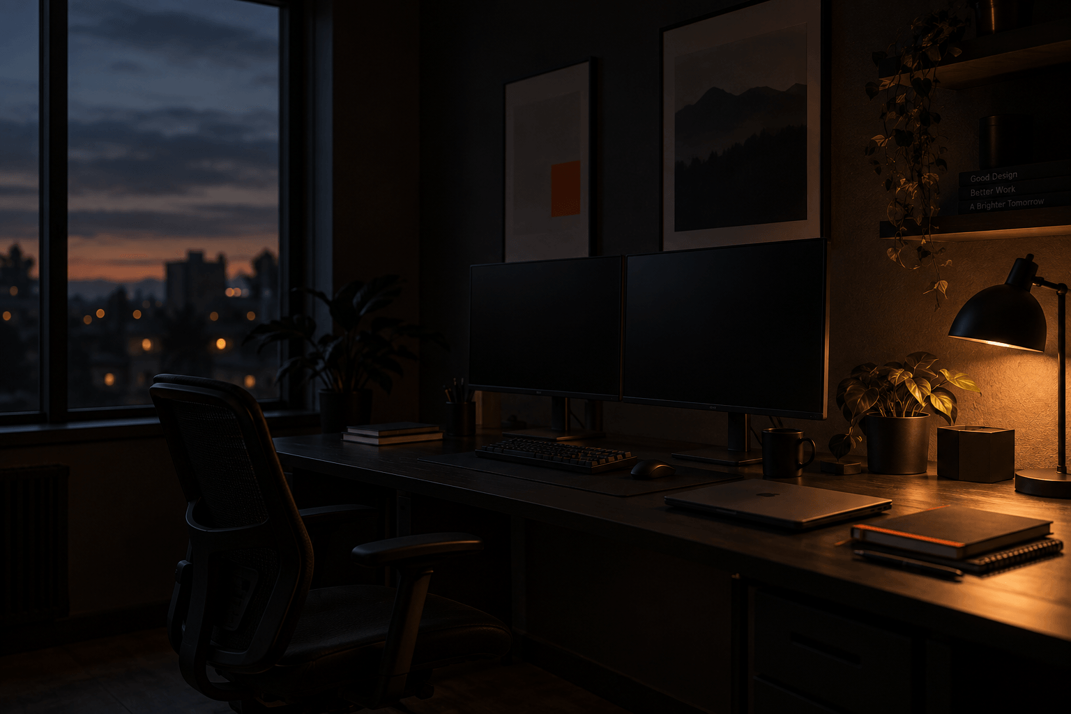 Small design studio interior at dusk